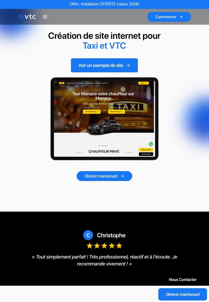 Interface moderne de la landing page SiteDeVtc